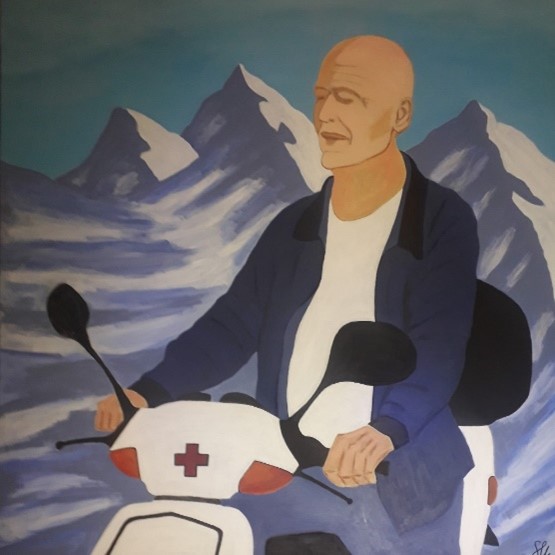 »Sorodnik na skuterju« «, 2023, akril na platnu, 100 cm × 100 cm